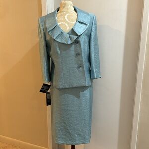 Kasper 2 Pc. Jacket Skirt Stunning Icy Blue Green Sheen Textured Lined Suit 12